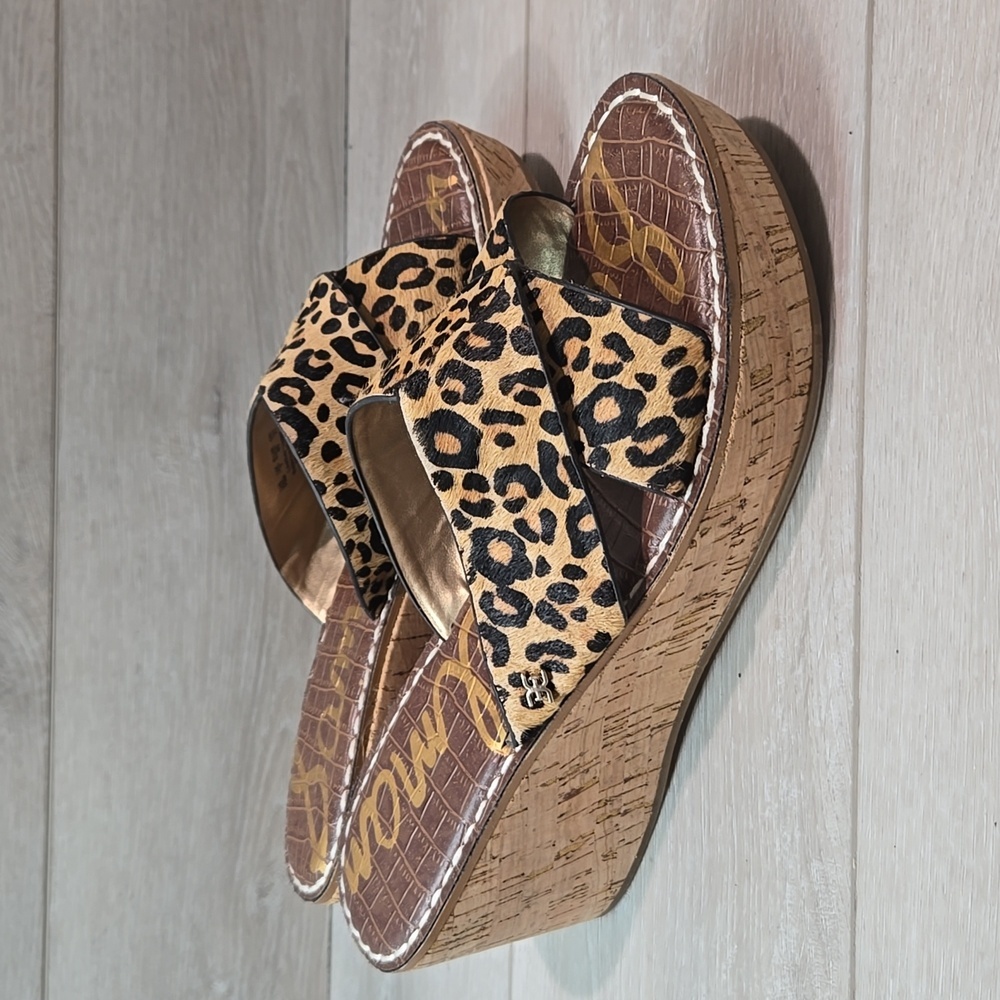 Sam Edelman Leopard Print Cork Wedge Sandals - Tan Black